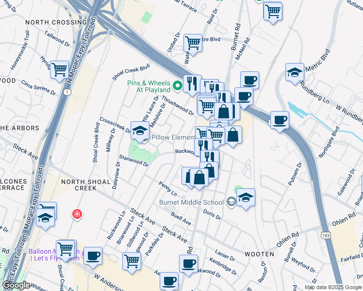 map of restaurants, bars, coffee shops, grocery stores, and more near 8601 Primrose Lane in Austin