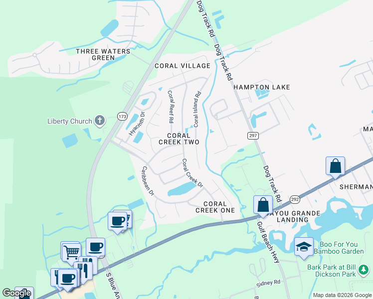 map of restaurants, bars, coffee shops, grocery stores, and more near 2081 Coral Creek Drive in Pensacola