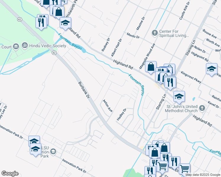 map of restaurants, bars, coffee shops, grocery stores, and more near 530 Greenwich Drive in Baton Rouge
