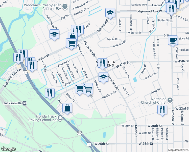 map of restaurants, bars, coffee shops, grocery stores, and more near in Jacksonville