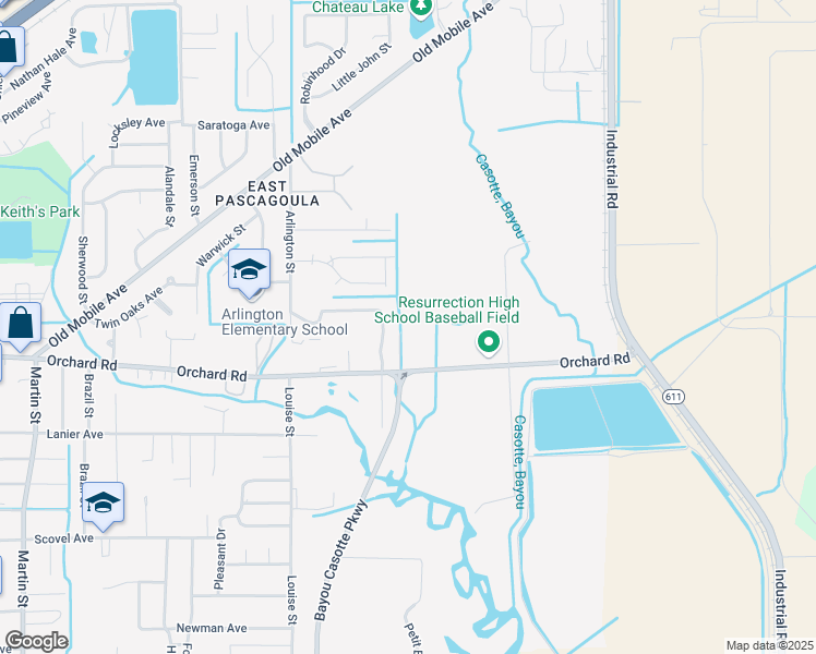 map of restaurants, bars, coffee shops, grocery stores, and more near 5201 Orchard Road in Pascagoula