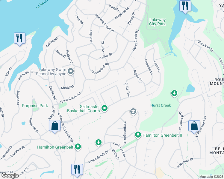 map of restaurants, bars, coffee shops, grocery stores, and more near 379 Fantail Loop in Austin