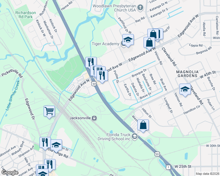 map of restaurants, bars, coffee shops, grocery stores, and more near 5816 Lusaid Drive in Jacksonville