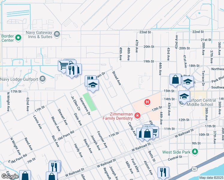 map of restaurants, bars, coffee shops, grocery stores, and more near 4545 Engram Drive in Gulfport