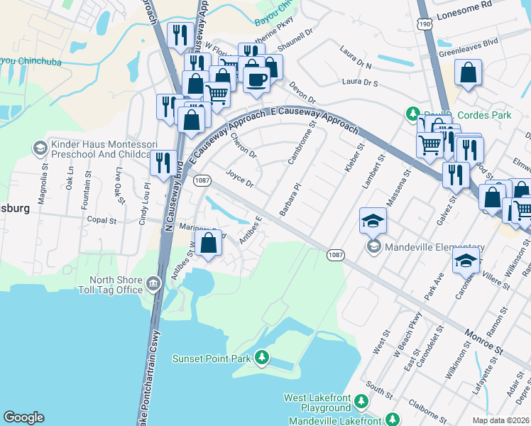 map of restaurants, bars, coffee shops, grocery stores, and more near 101-107 Antibes Street East in Mandeville