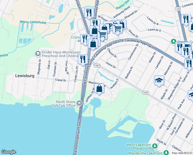 map of restaurants, bars, coffee shops, grocery stores, and more near 225 Caribbean Court in Mandeville