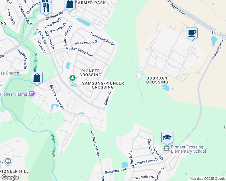map of restaurants, bars, coffee shops, grocery stores, and more near 11313 Dawes Place in Austin