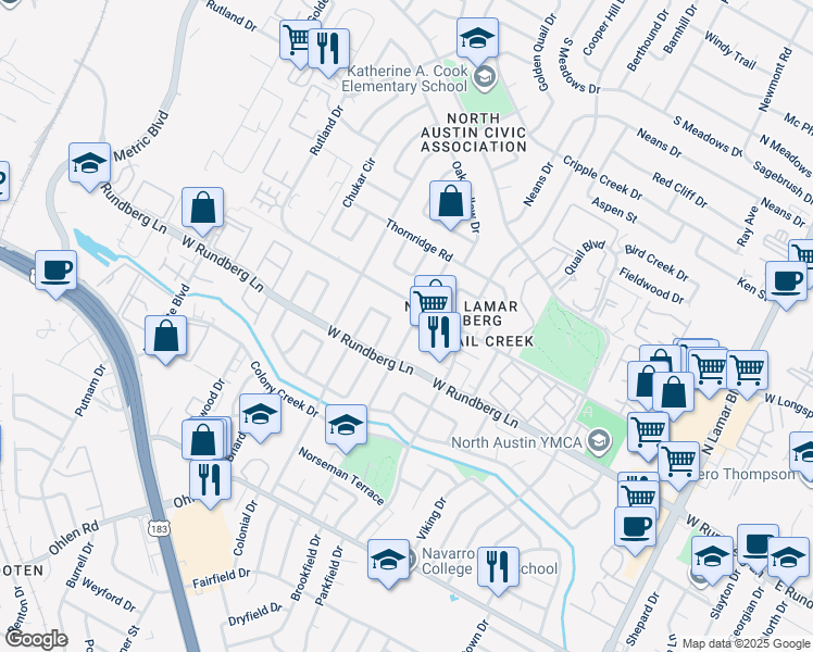 map of restaurants, bars, coffee shops, grocery stores, and more near 9414 Parkfield Drive in Austin