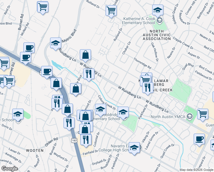 map of restaurants, bars, coffee shops, grocery stores, and more near 9224 Meadow Vale in Austin