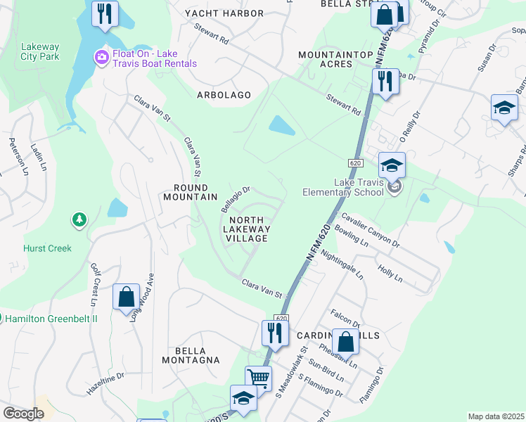 map of restaurants, bars, coffee shops, grocery stores, and more near 169 Roberto Drive in Lakeway