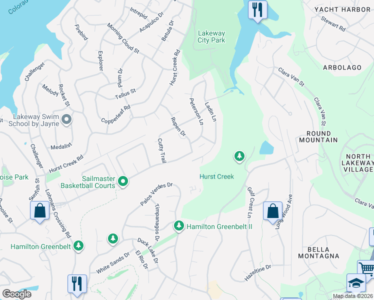 map of restaurants, bars, coffee shops, grocery stores, and more near 437 Sailmaster Street in Lakeway