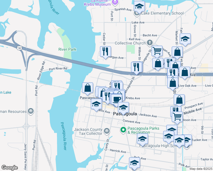 map of restaurants, bars, coffee shops, grocery stores, and more near 523 Orange Avenue in Pascagoula