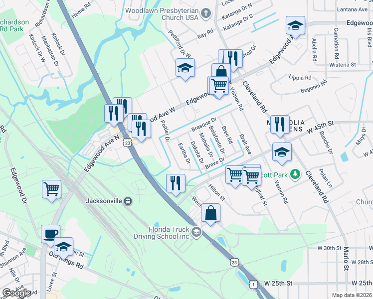 map of restaurants, bars, coffee shops, grocery stores, and more near 5533 Eartha Drive in Jacksonville