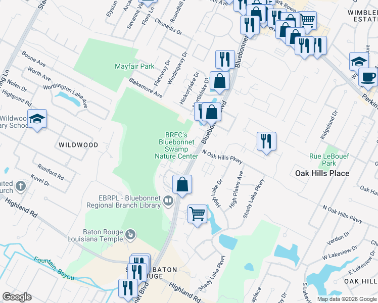 map of restaurants, bars, coffee shops, grocery stores, and more near 10527 Kentshire Court in Baton Rouge