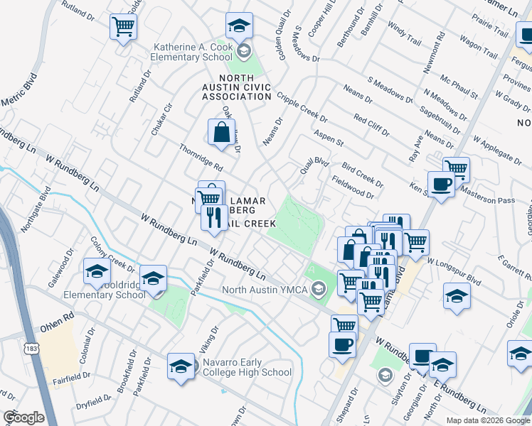 map of restaurants, bars, coffee shops, grocery stores, and more near 1124 Rutland Drive in Austin