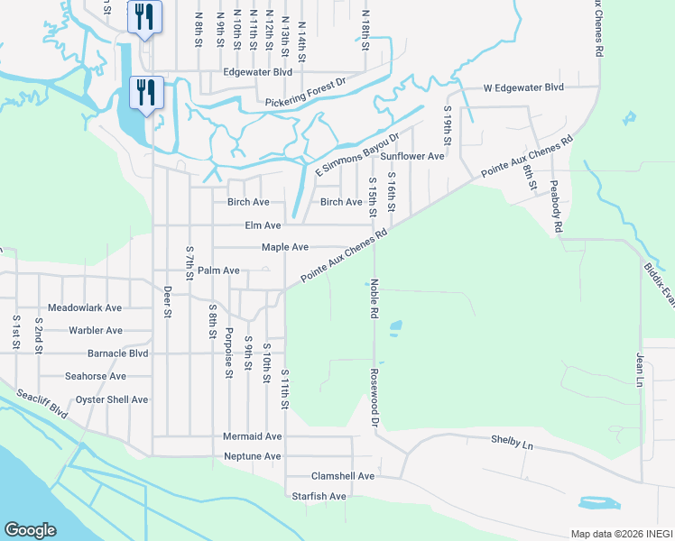 map of restaurants, bars, coffee shops, grocery stores, and more near 8521 Pointe Aux Chenes Road in Ocean Springs