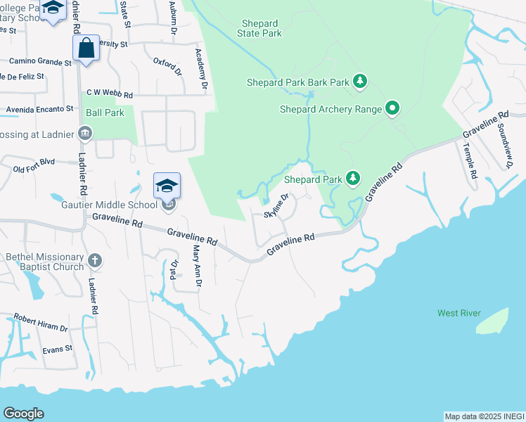 map of restaurants, bars, coffee shops, grocery stores, and more near 1612 Skyline Drive in Gautier
