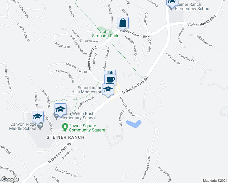 map of restaurants, bars, coffee shops, grocery stores, and more near 2900 North Quinlan Park Road in Austin