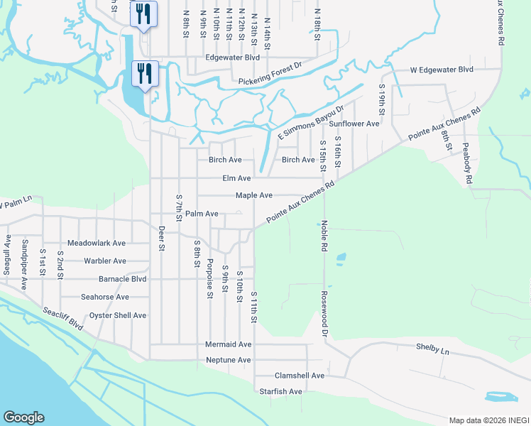 map of restaurants, bars, coffee shops, grocery stores, and more near 8527-8611 Pointe Aux Chenes Road in Ocean Springs