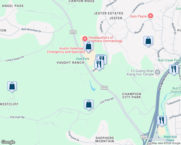 map of restaurants, bars, coffee shops, grocery stores, and more near 7201 Ranch to Market 2222 in Austin