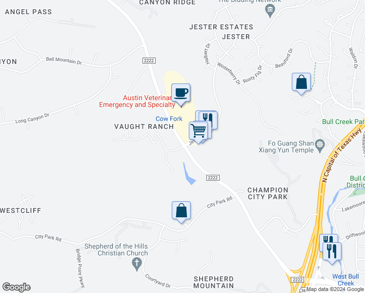 map of restaurants, bars, coffee shops, grocery stores, and more near 7205 Ranch Road 2222 in Austin