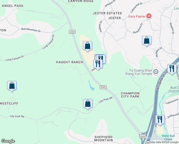 map of restaurants, bars, coffee shops, grocery stores, and more near 7200 Ranch Road 2222 in Austin
