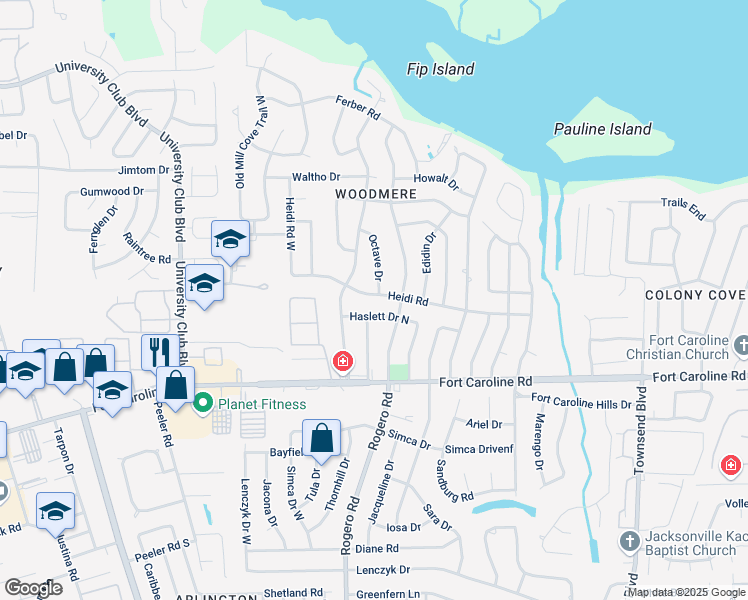 map of restaurants, bars, coffee shops, grocery stores, and more near 6607 Haslett Drive East in Jacksonville