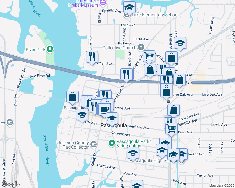 map of restaurants, bars, coffee shops, grocery stores, and more near 905 Live Oak Avenue in Pascagoula
