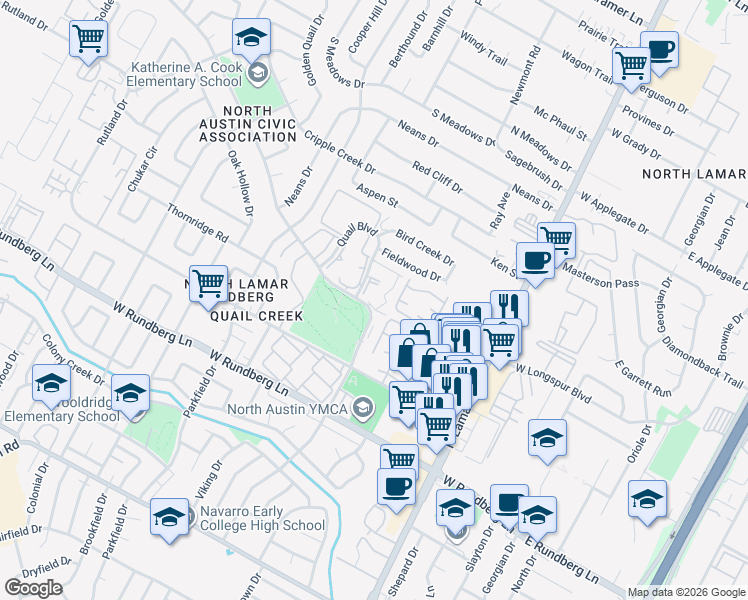 map of restaurants, bars, coffee shops, grocery stores, and more near 1070 Mearns Meadow Boulevard in Austin