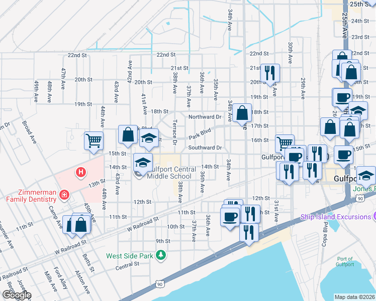 map of restaurants, bars, coffee shops, grocery stores, and more near 3633 Southward Drive in Gulfport