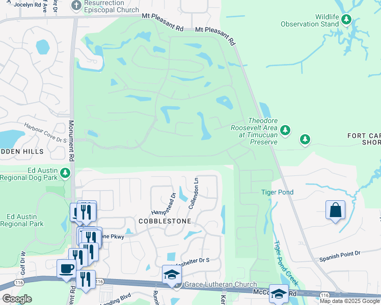 map of restaurants, bars, coffee shops, grocery stores, and more near Muirfield Boulevard East in Jacksonville