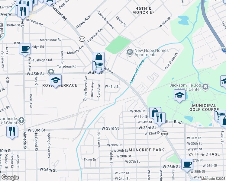 map of restaurants, bars, coffee shops, grocery stores, and more near 5236 Rita Street in Jacksonville