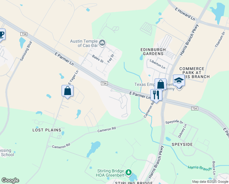 map of restaurants, bars, coffee shops, grocery stores, and more near 5401 East Parmer Lane in Austin