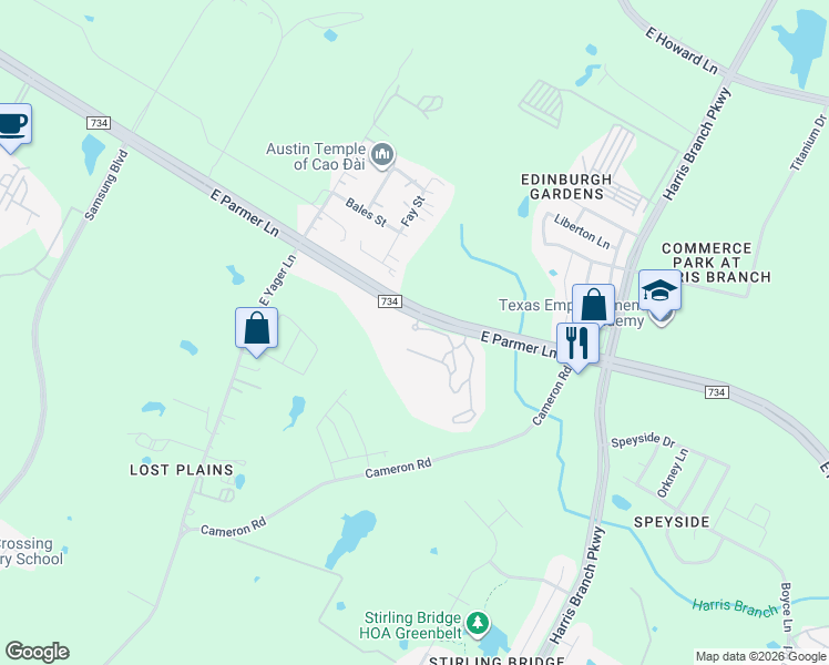 map of restaurants, bars, coffee shops, grocery stores, and more near 5401 East Parmer Lane in Austin