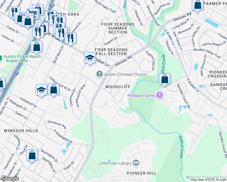 map of restaurants, bars, coffee shops, grocery stores, and more near 11105 Hidden Bluff Drive in Austin