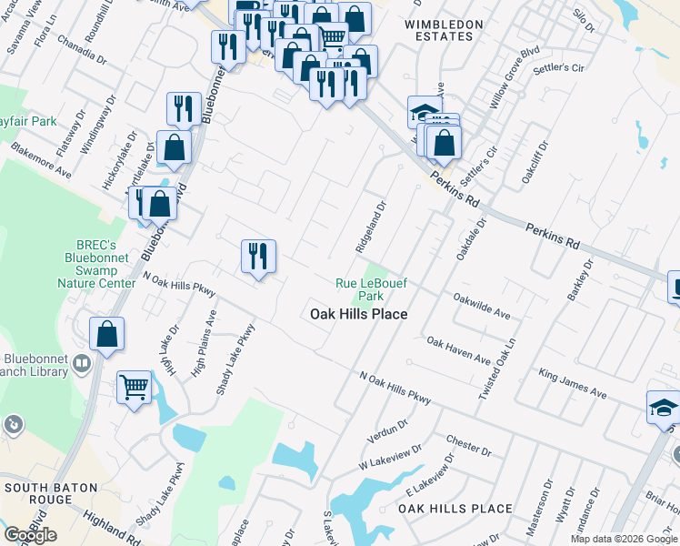 map of restaurants, bars, coffee shops, grocery stores, and more near 10746 Royal Ridge Avenue in Baton Rouge