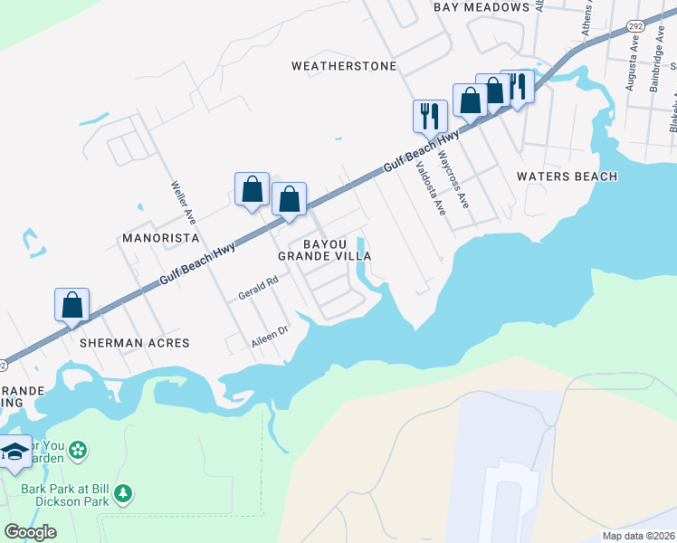 map of restaurants, bars, coffee shops, grocery stores, and more near 8502 Matador Camino in Pensacola