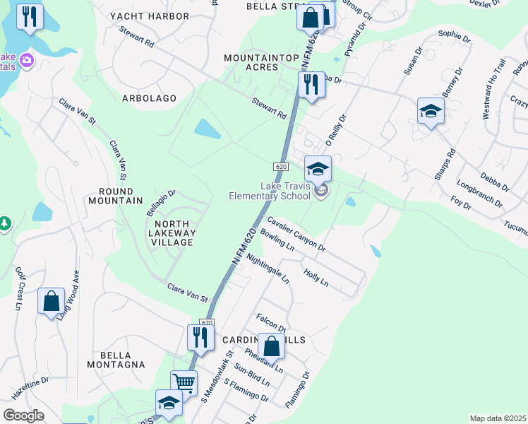 map of restaurants, bars, coffee shops, grocery stores, and more near 501 Ranch Road 620 North in Lakeway