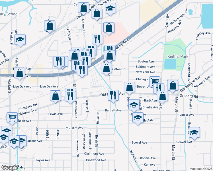 map of restaurants, bars, coffee shops, grocery stores, and more near 3419 Hospital Road in Pascagoula