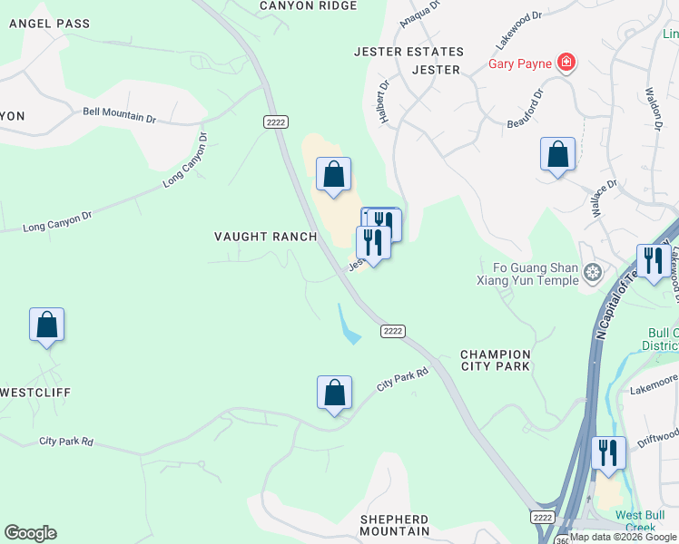 map of restaurants, bars, coffee shops, grocery stores, and more near 7200 Ranch Road 2222 in Austin