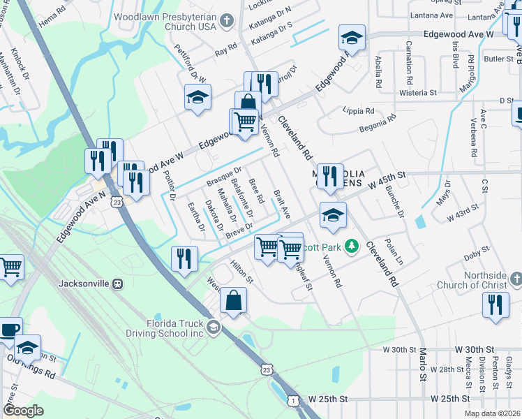 map of restaurants, bars, coffee shops, grocery stores, and more near 5501 Belafonte Drive in Jacksonville