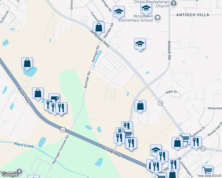 map of restaurants, bars, coffee shops, grocery stores, and more near 15725 Long Farm Road in Baton Rouge