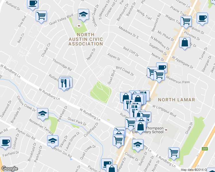 map of restaurants, bars, coffee shops, grocery stores, and more near Mearns Meadow Blvd & Quail Blvd in Austin