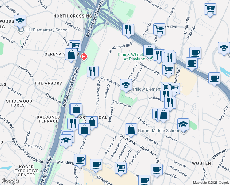map of restaurants, bars, coffee shops, grocery stores, and more near 8409 Daleview Drive in Austin