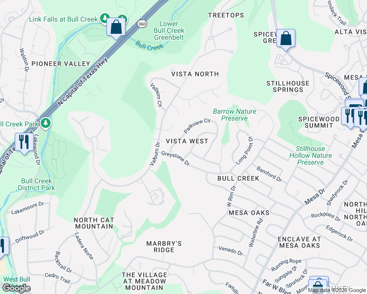 map of restaurants, bars, coffee shops, grocery stores, and more near 4800 Parkview Place in Austin