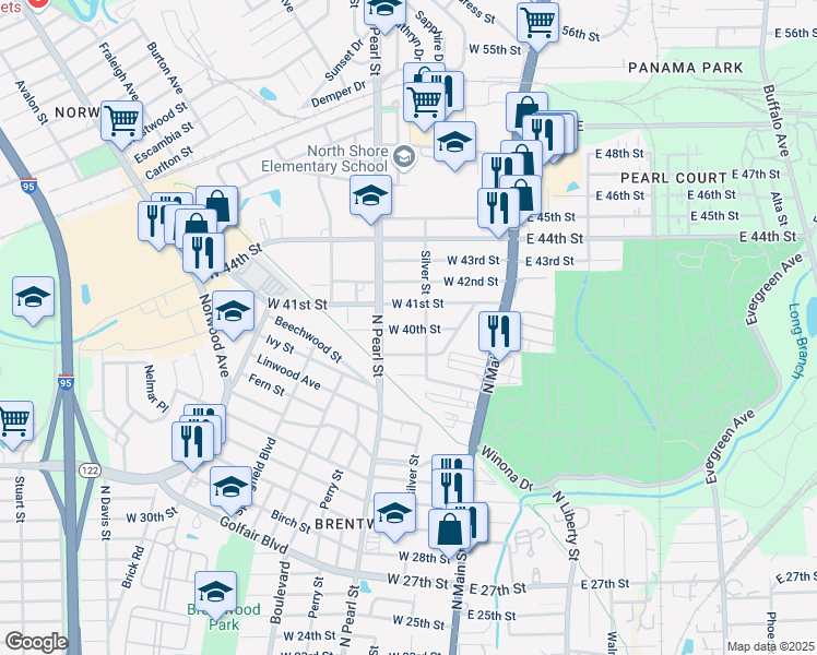 map of restaurants, bars, coffee shops, grocery stores, and more near 225 West 39th Street in Jacksonville