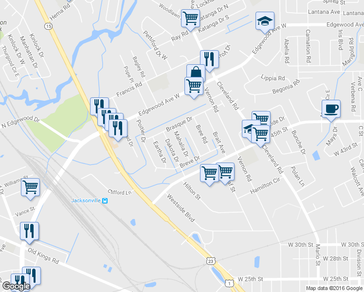 map of restaurants, bars, coffee shops, grocery stores, and more near 5630 Mahalia Drive in Jacksonville