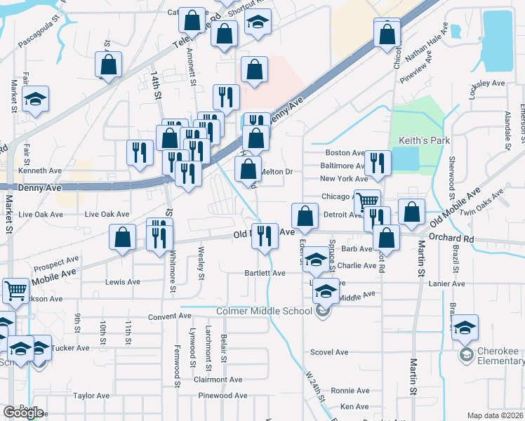 map of restaurants, bars, coffee shops, grocery stores, and more near 3502 Hospital Road in Pascagoula