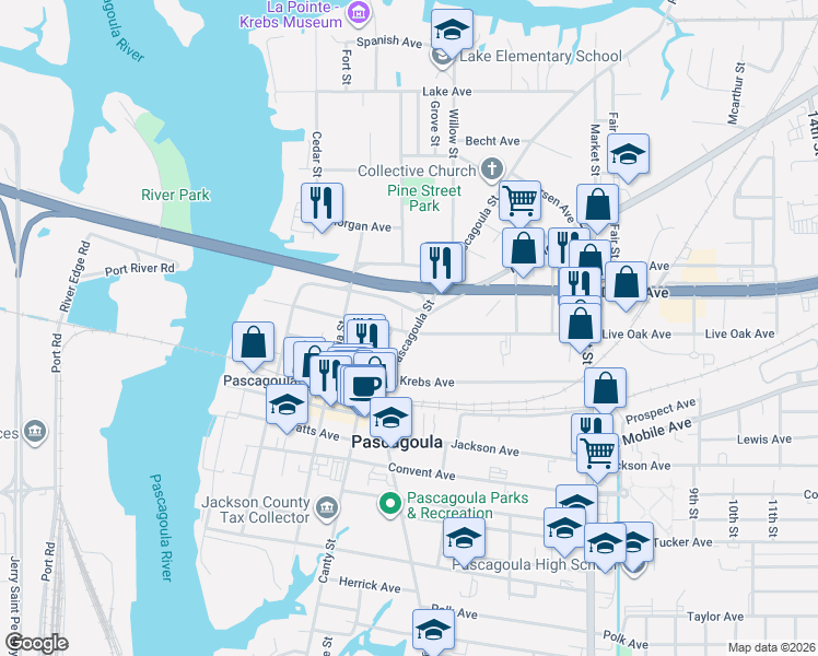 map of restaurants, bars, coffee shops, grocery stores, and more near 3500-3598 Pascagoula Street in Pascagoula