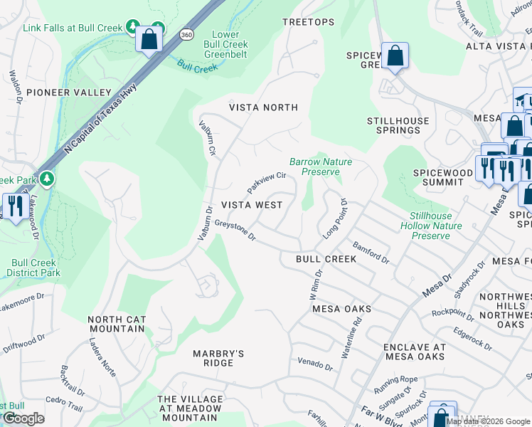 map of restaurants, bars, coffee shops, grocery stores, and more near 7507 Downridge Drive in Austin